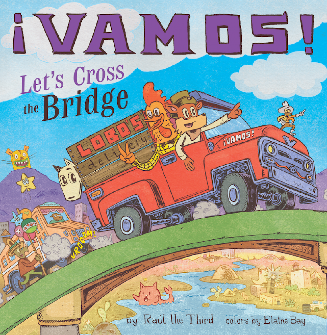 A cast of animal characters drive a delivery truck over a bridge.